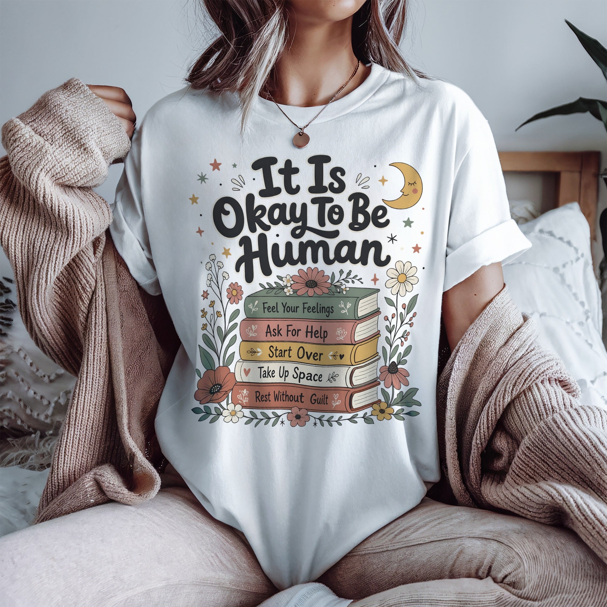 It Is Okay To Be Human T-shirt, Gift for Overthinkers & Book Lovers