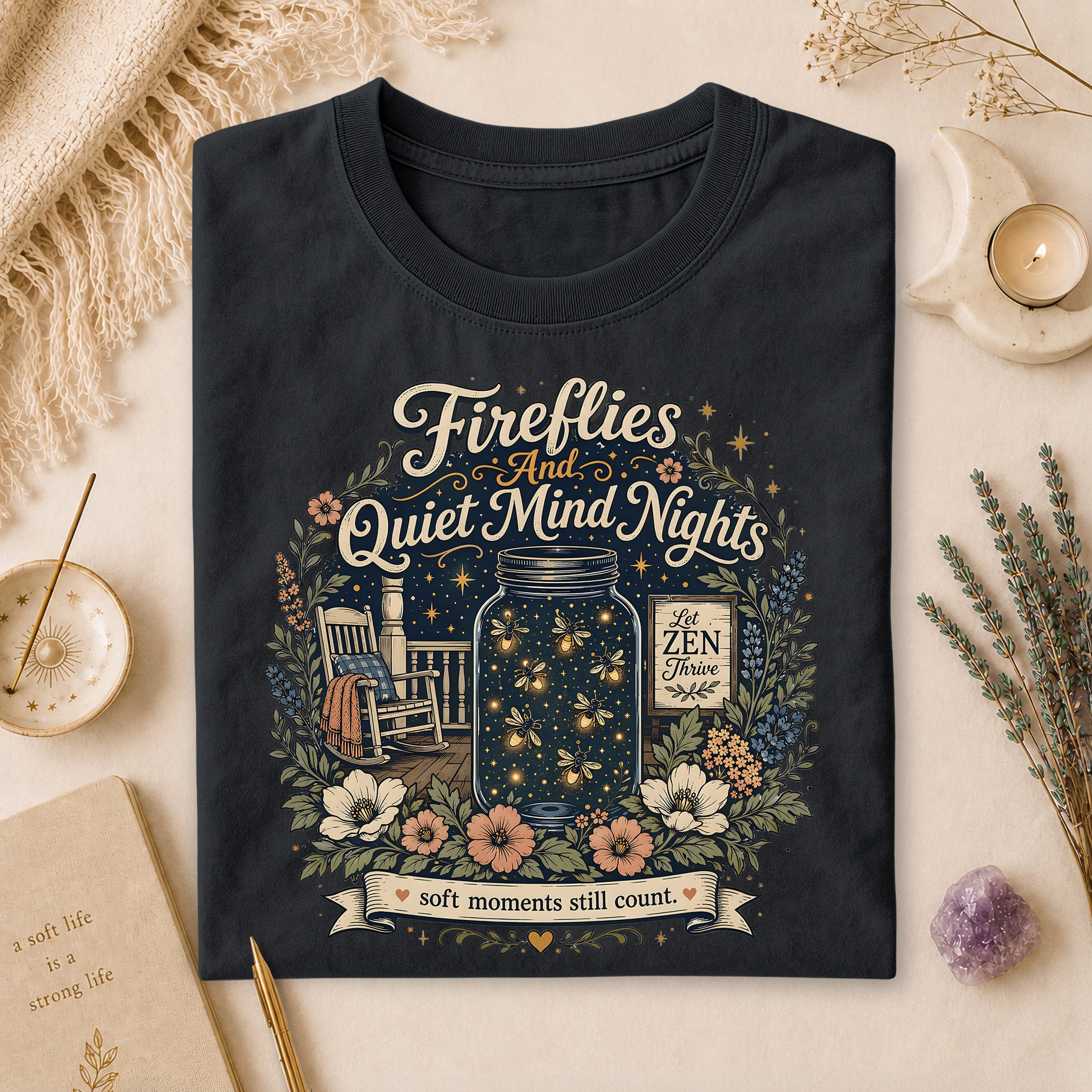 Fireflies And Quiet Mind Nights Tee, Soft Moments Still Count Cottagecore Gift for Her