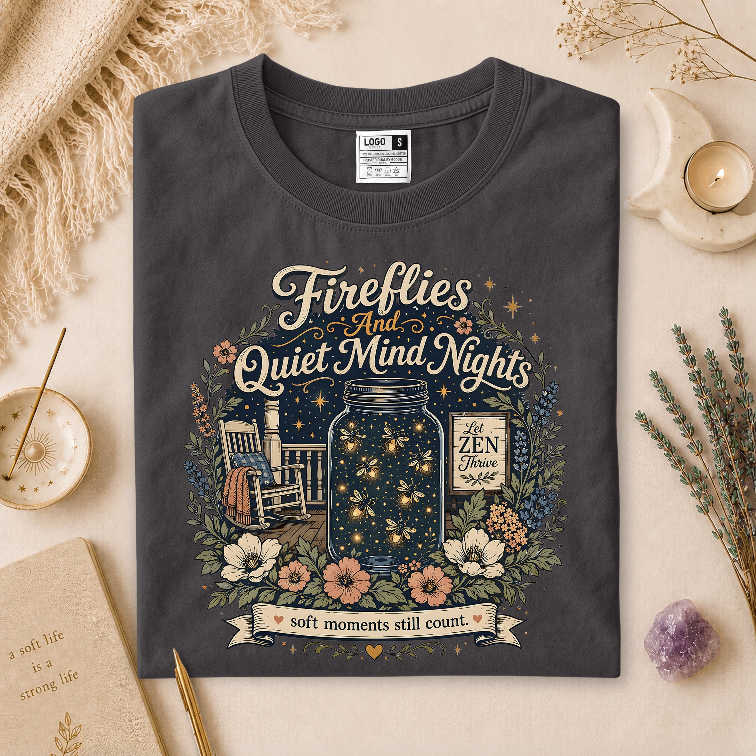 Fireflies And Quiet Mind Nights Tee, Soft Moments Still Count Cottagecore Gift for Her