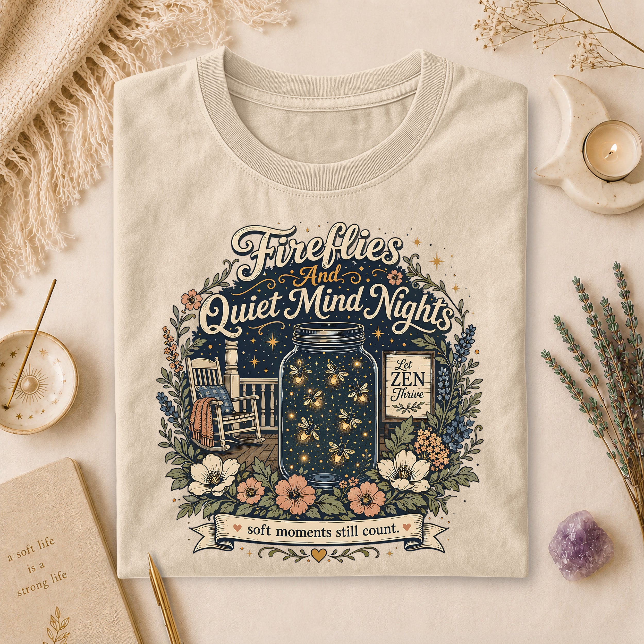 Fireflies And Quiet Mind Nights Tee, Soft Moments Still Count Cottagecore Gift for Her