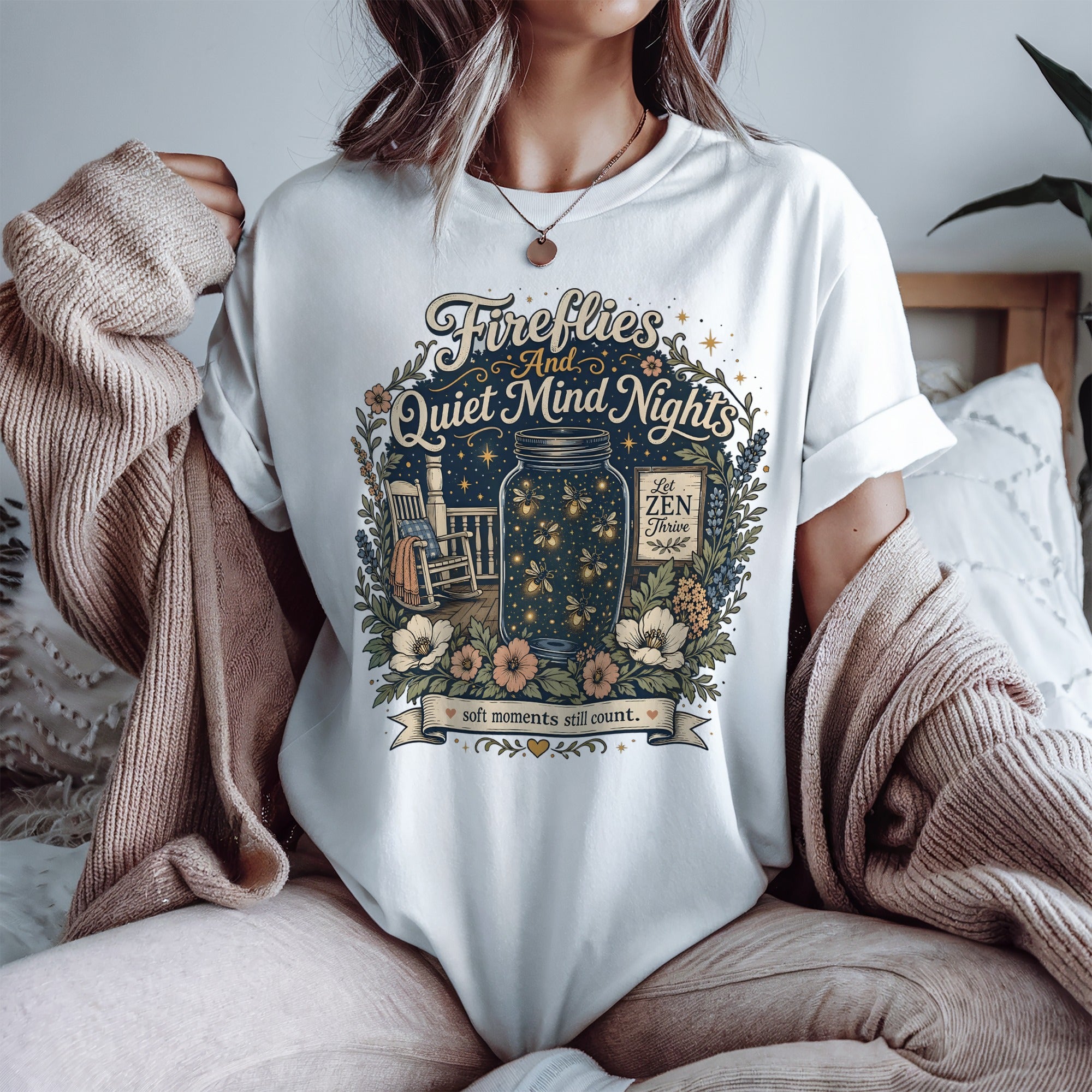 Fireflies And Quiet Mind Nights Tee, Soft Moments Still Count Cottagecore Gift for Her