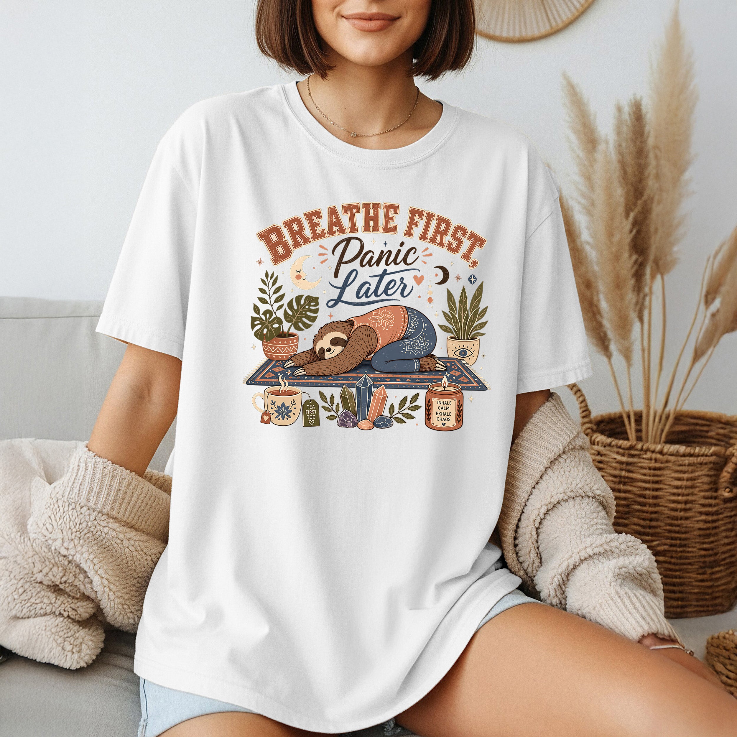Breathe First, Panic Later Tee, Sloth Yoga Anxiety Humor Comfort Colors Tee