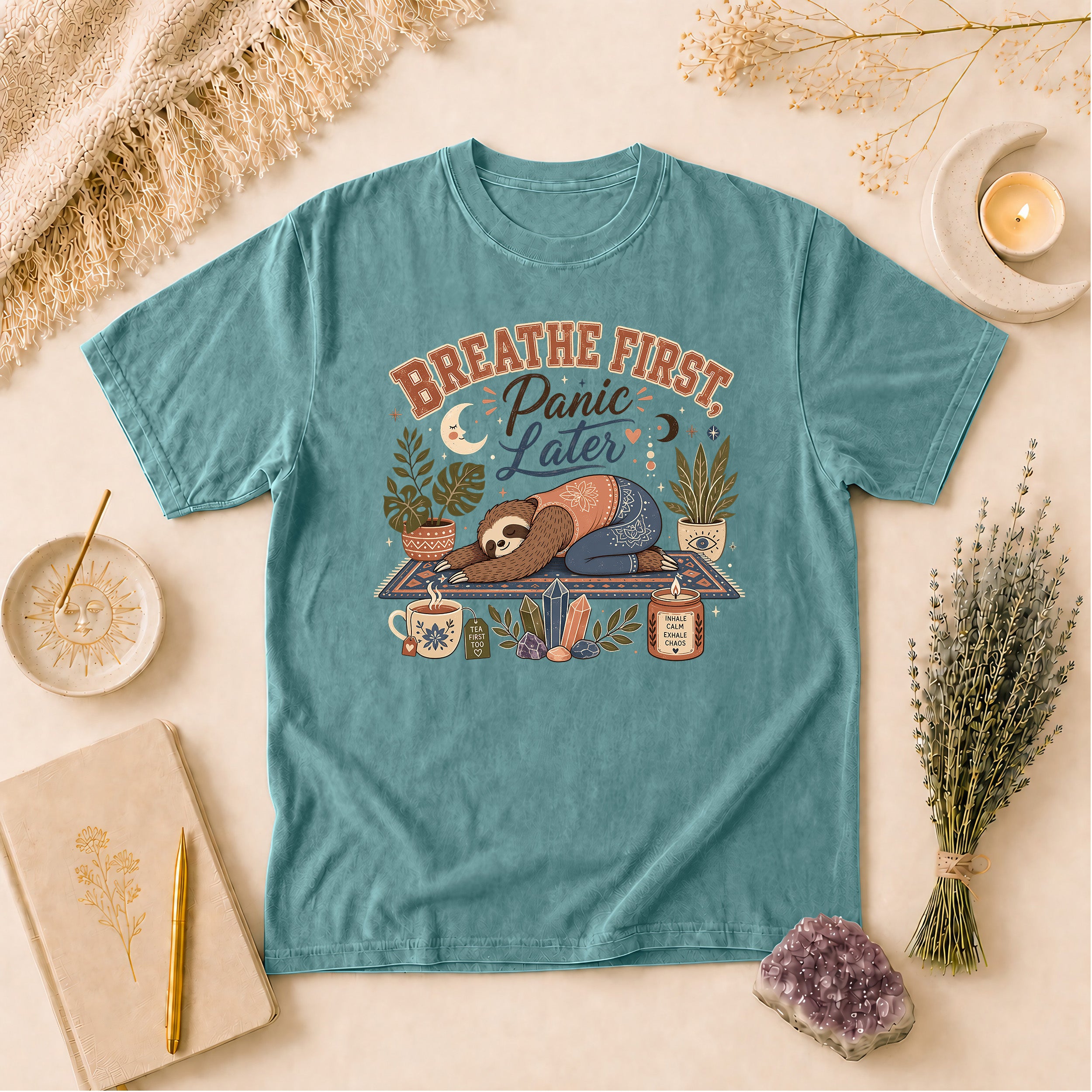 Breathe First, Panic Later Tee, Sloth Yoga Anxiety Humor Comfort Colors Tee