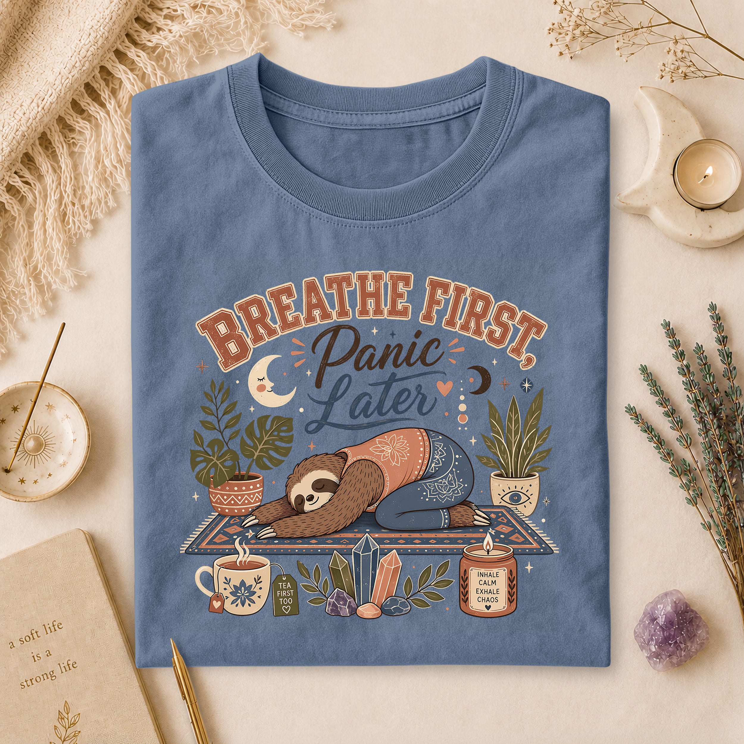 Breathe First, Panic Later Tee, Sloth Yoga Anxiety Humor Comfort Colors Tee