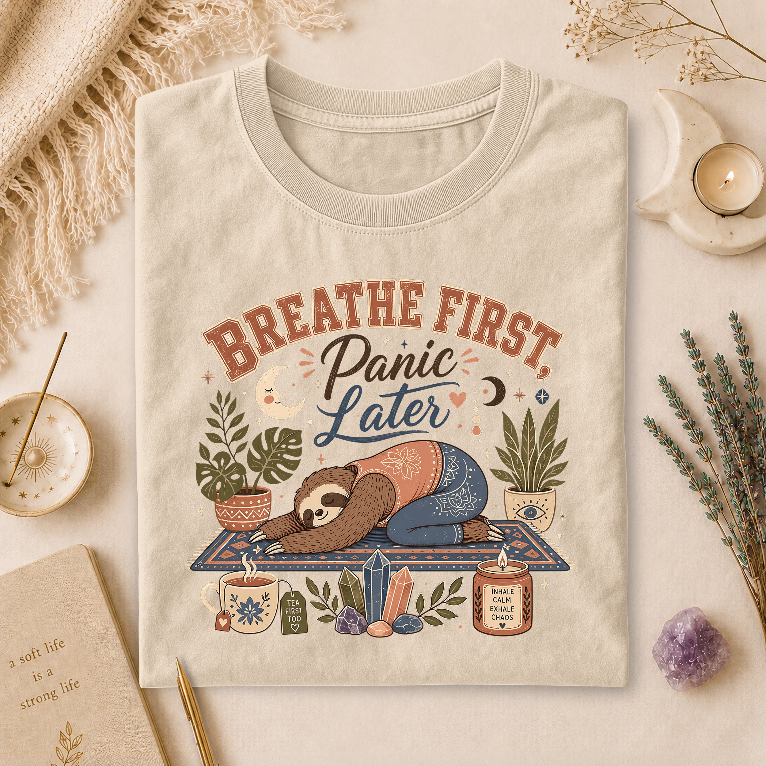 Breathe First, Panic Later Tee, Sloth Yoga Anxiety Humor Comfort Colors Tee