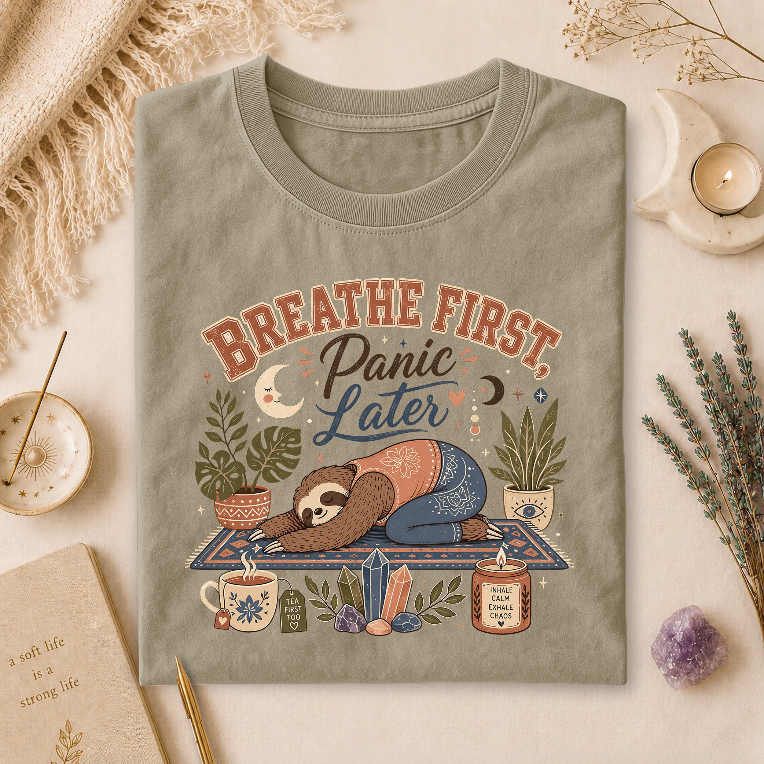 Breathe First, Panic Later Tee, Sloth Yoga Anxiety Humor Comfort Colors Tee