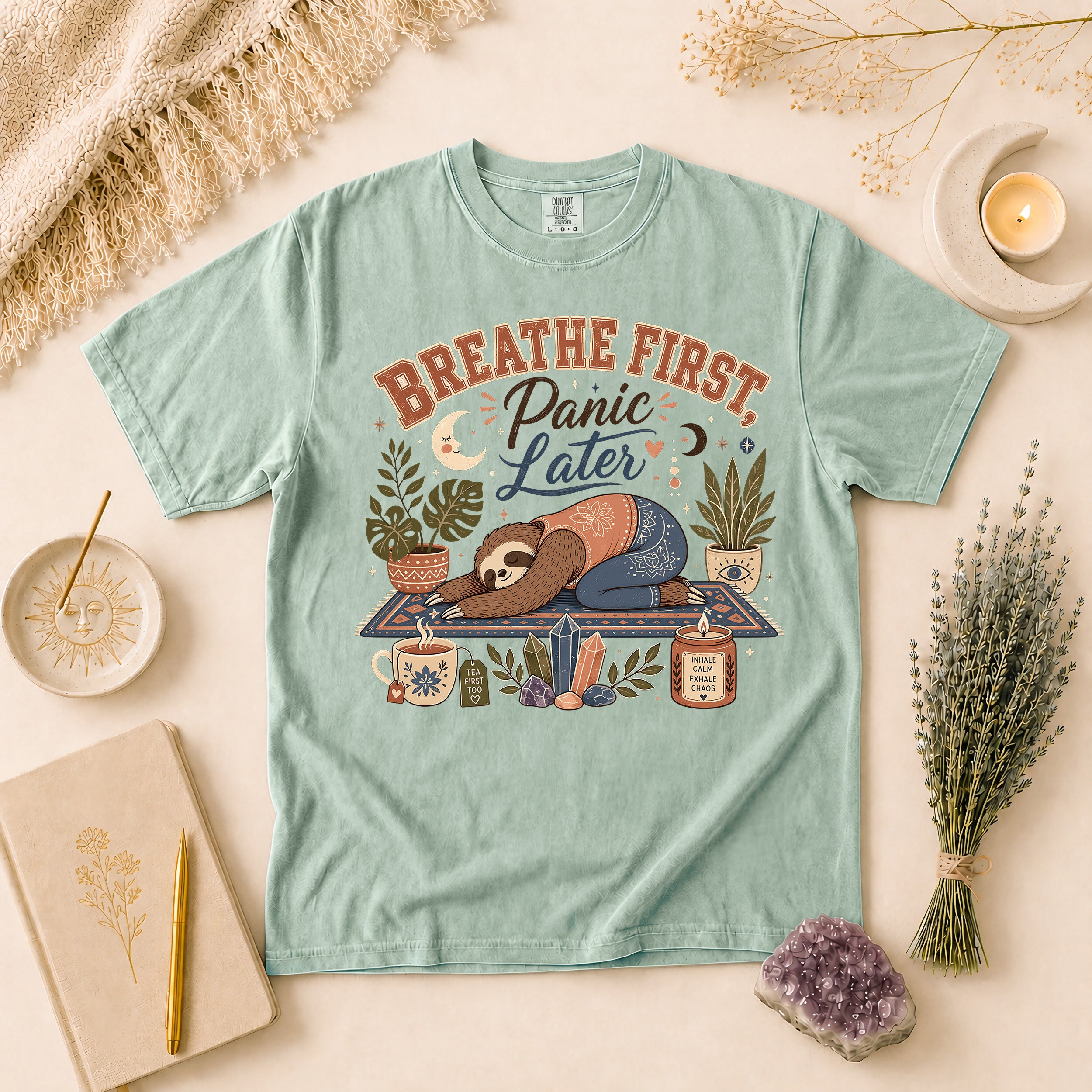 Breathe First, Panic Later Tee, Sloth Yoga Anxiety Humor Comfort Colors Tee