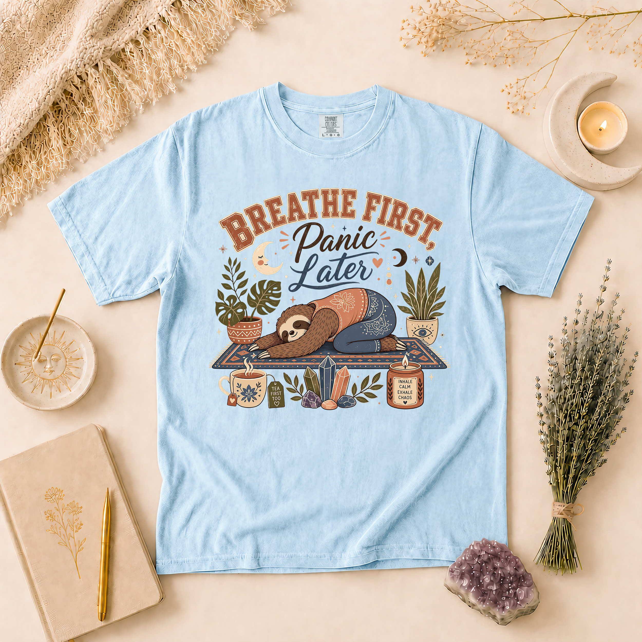 Breathe First, Panic Later Tee, Sloth Yoga Anxiety Humor Comfort Colors Tee