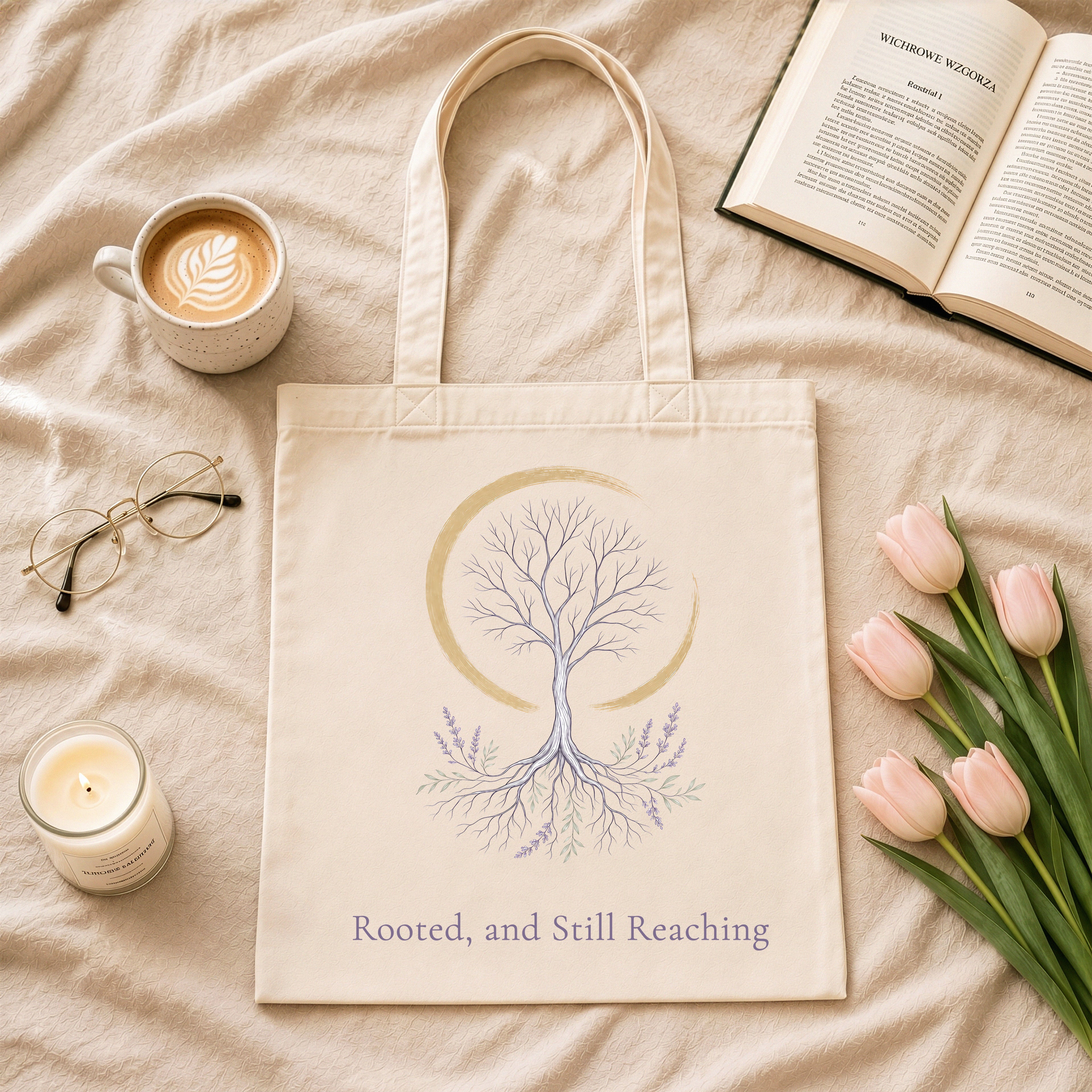 Rooted, and Still Reaching Tote Bag, Mindful Gift for Book Lover and Spiritual Woman