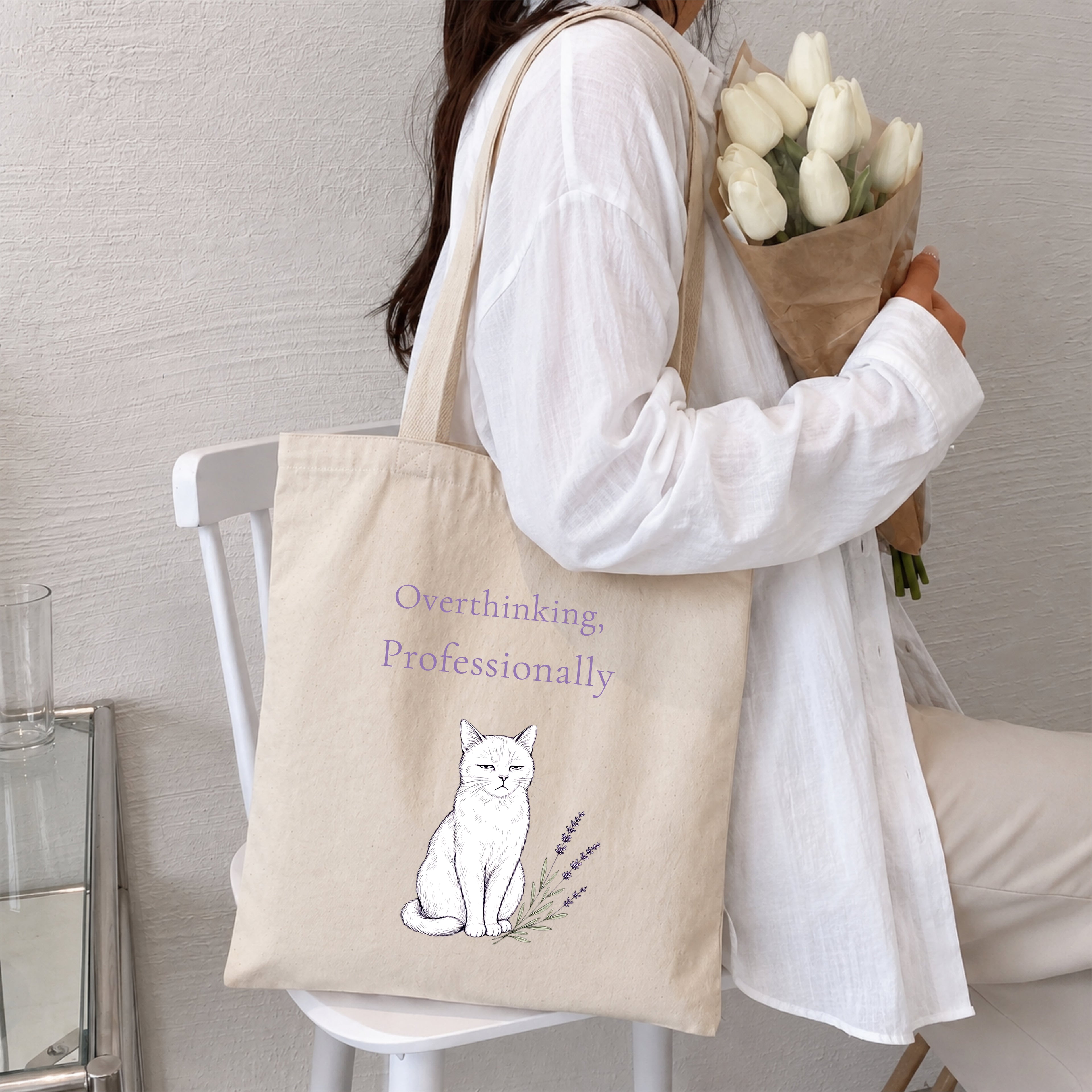 Overthinking, Professionally Tote Bag. Funny Anxiety Humor Boho Cat Aesthetic