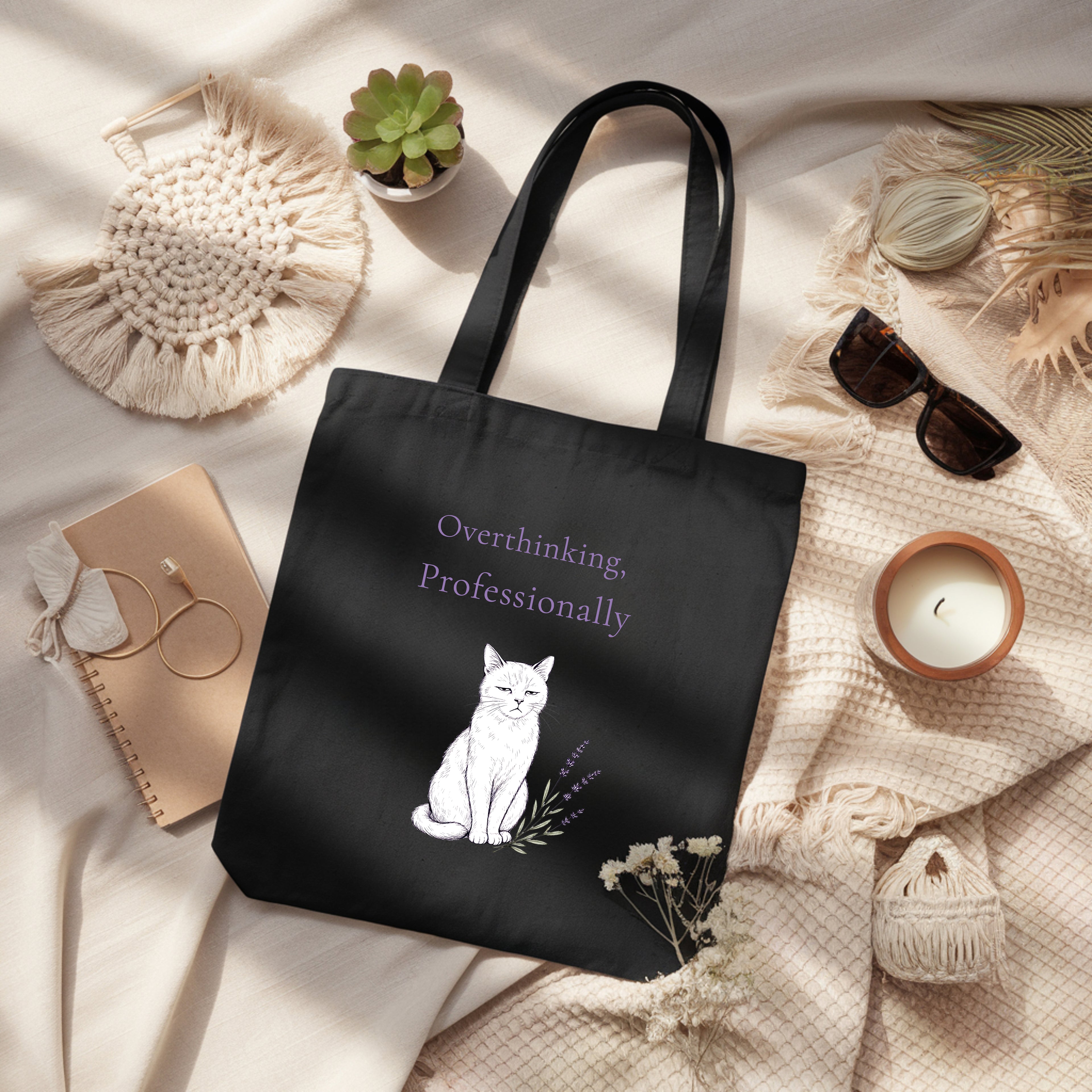 Overthinking, Professionally Tote Bag. Funny Anxiety Humor Boho Cat Aesthetic