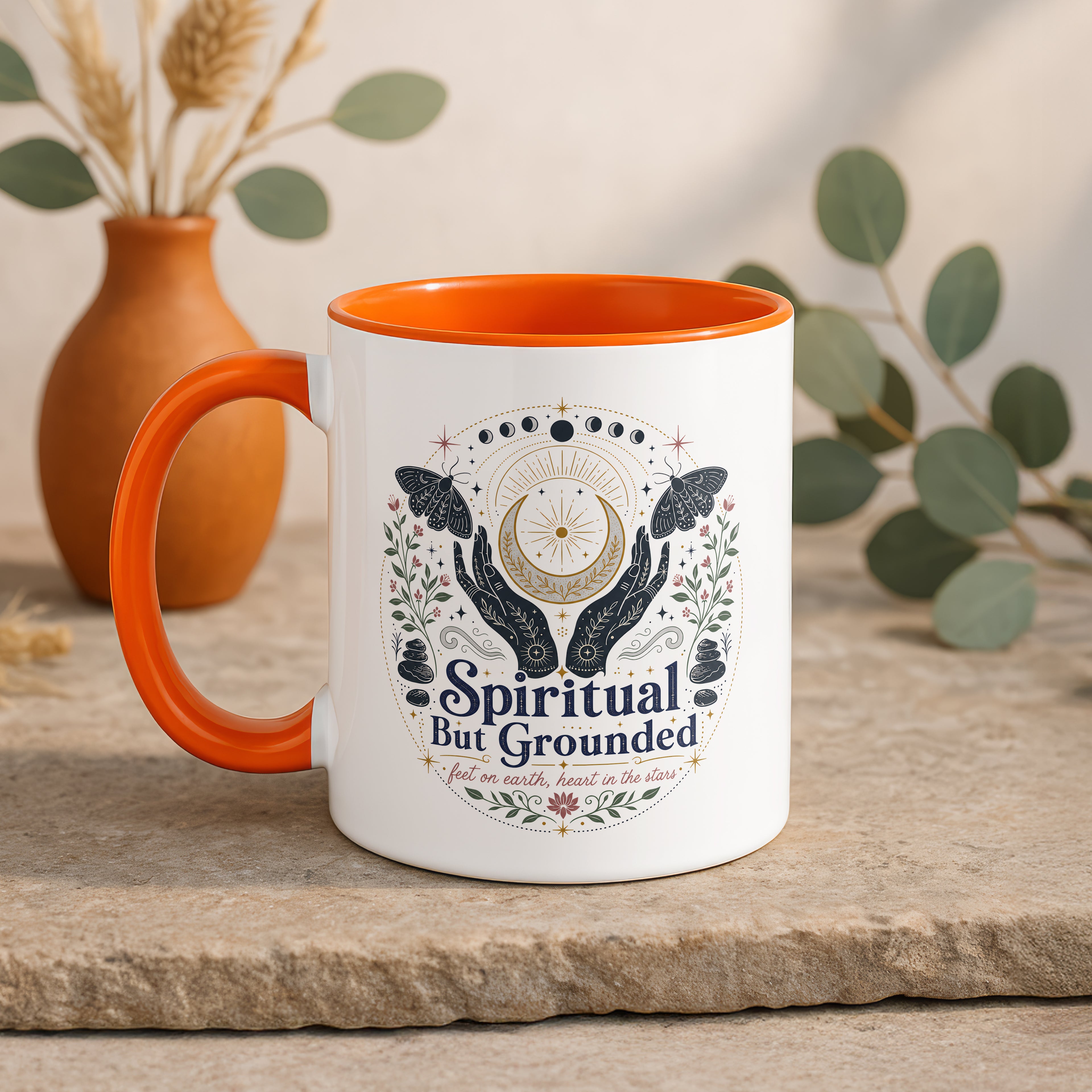 Spiritual But Grounded Mug, Celestial Moon Phase Coffee Cup, Mystic Botanical Gift