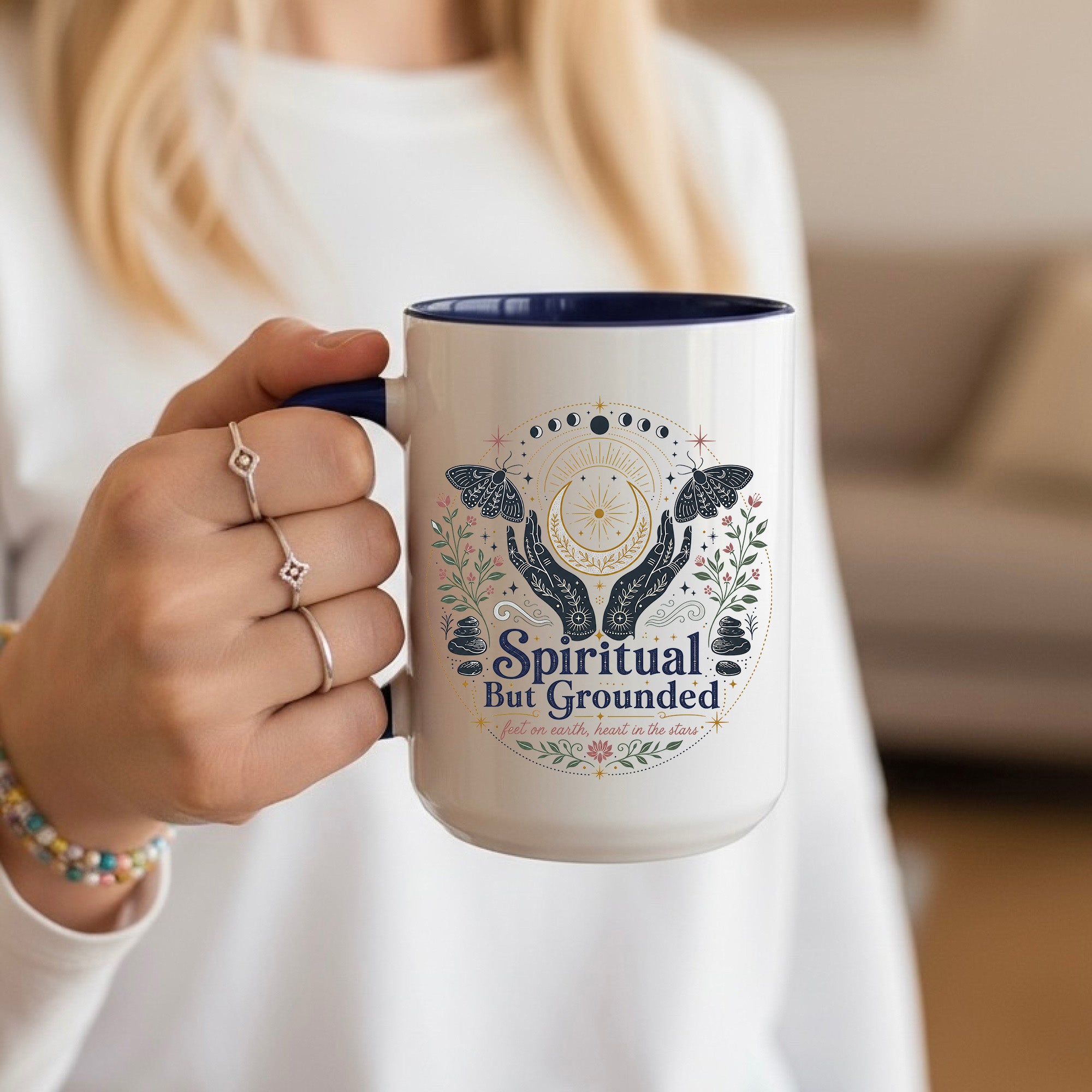 Spiritual But Grounded Mug, Celestial Moon Phase Coffee Cup, Mystic Botanical Gift