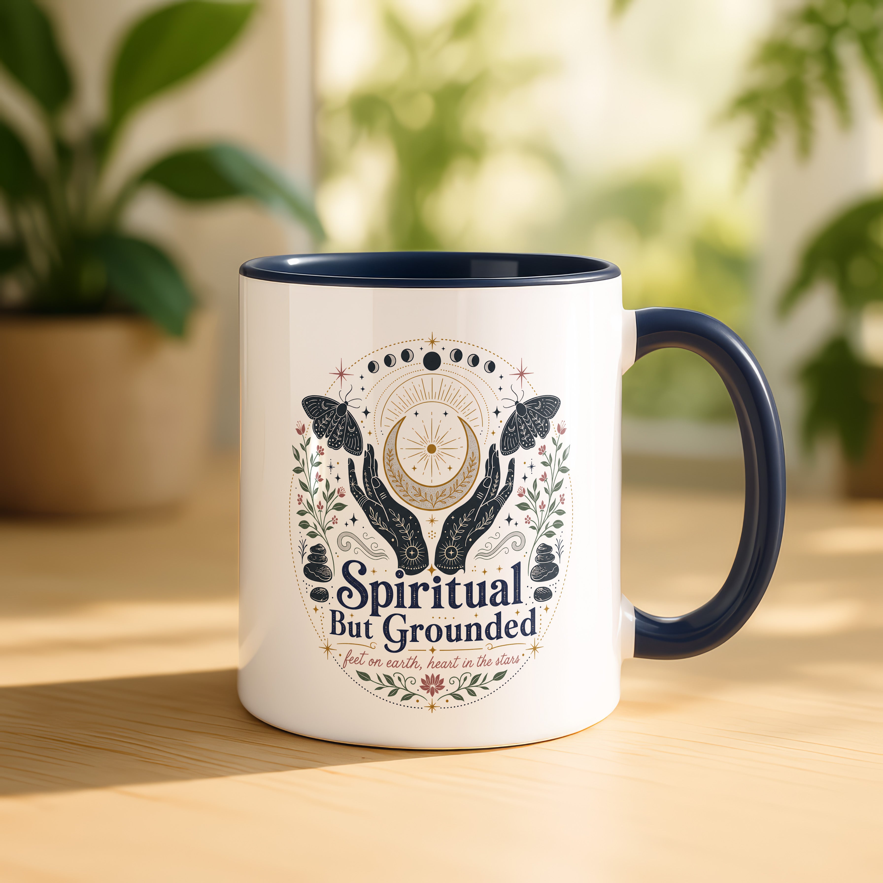 Spiritual But Grounded Mug, Celestial Moon Phase Coffee Cup, Mystic Botanical Gift