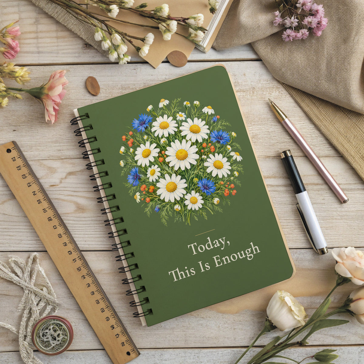 Today This Is Enough Notebook, Chamomile Spiral Gift for Her, 6 x 8