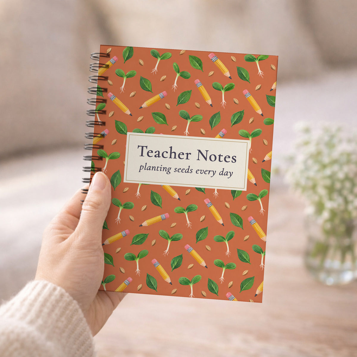 Teacher Notes Notebook, Seedling Pattern Teacher Appreciation Gift, 6 x 8