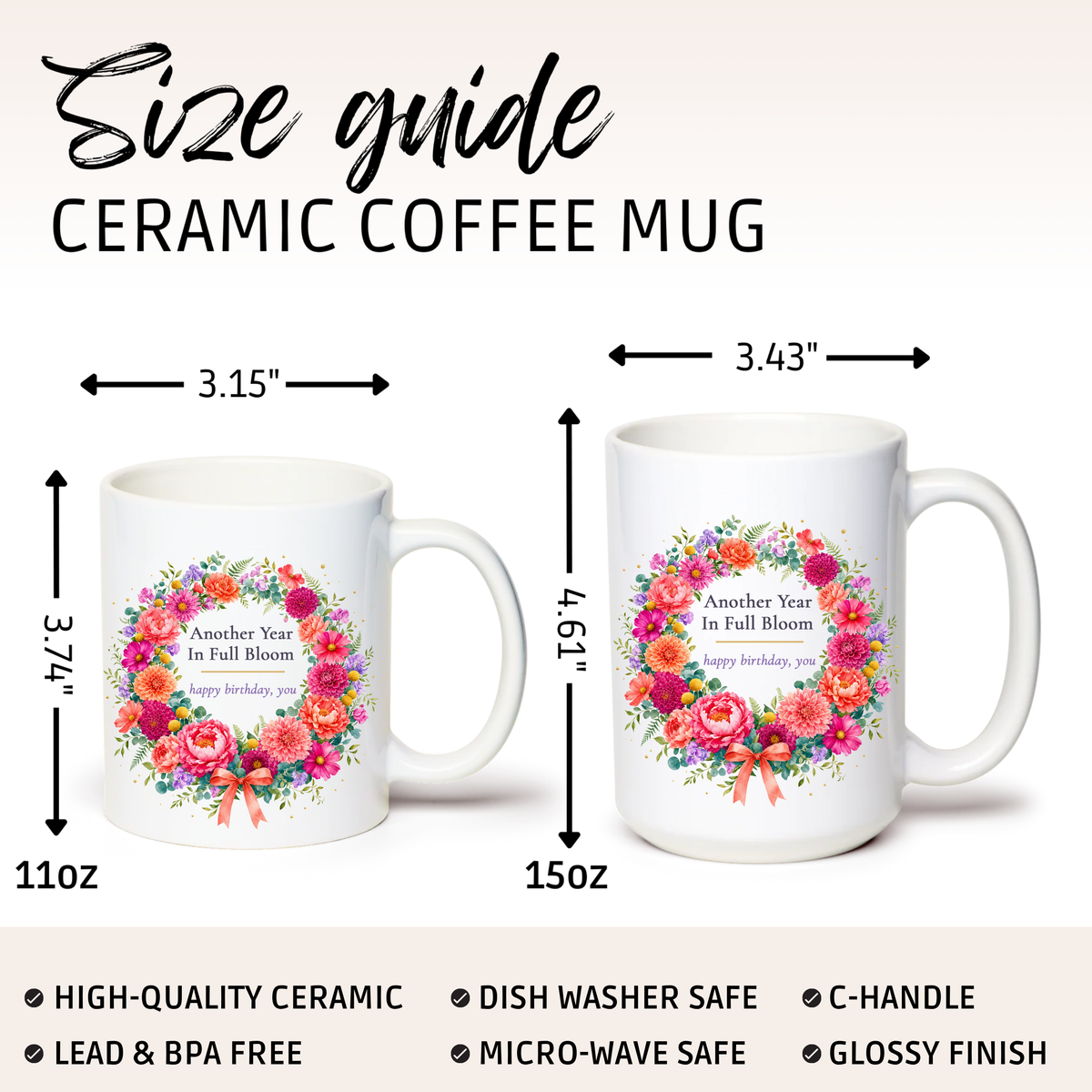Another Year In Full Bloom Mug, Floral Wreath Birthday Gift for Her, 11 oz 15 oz
