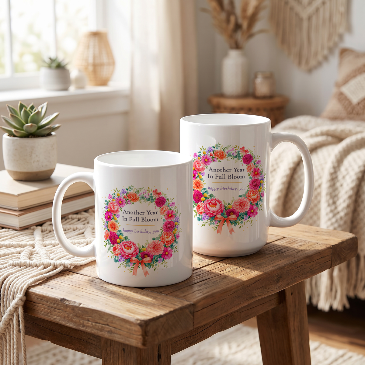 Another Year In Full Bloom Mug, Floral Wreath Birthday Gift for Her, 11 oz 15 oz
