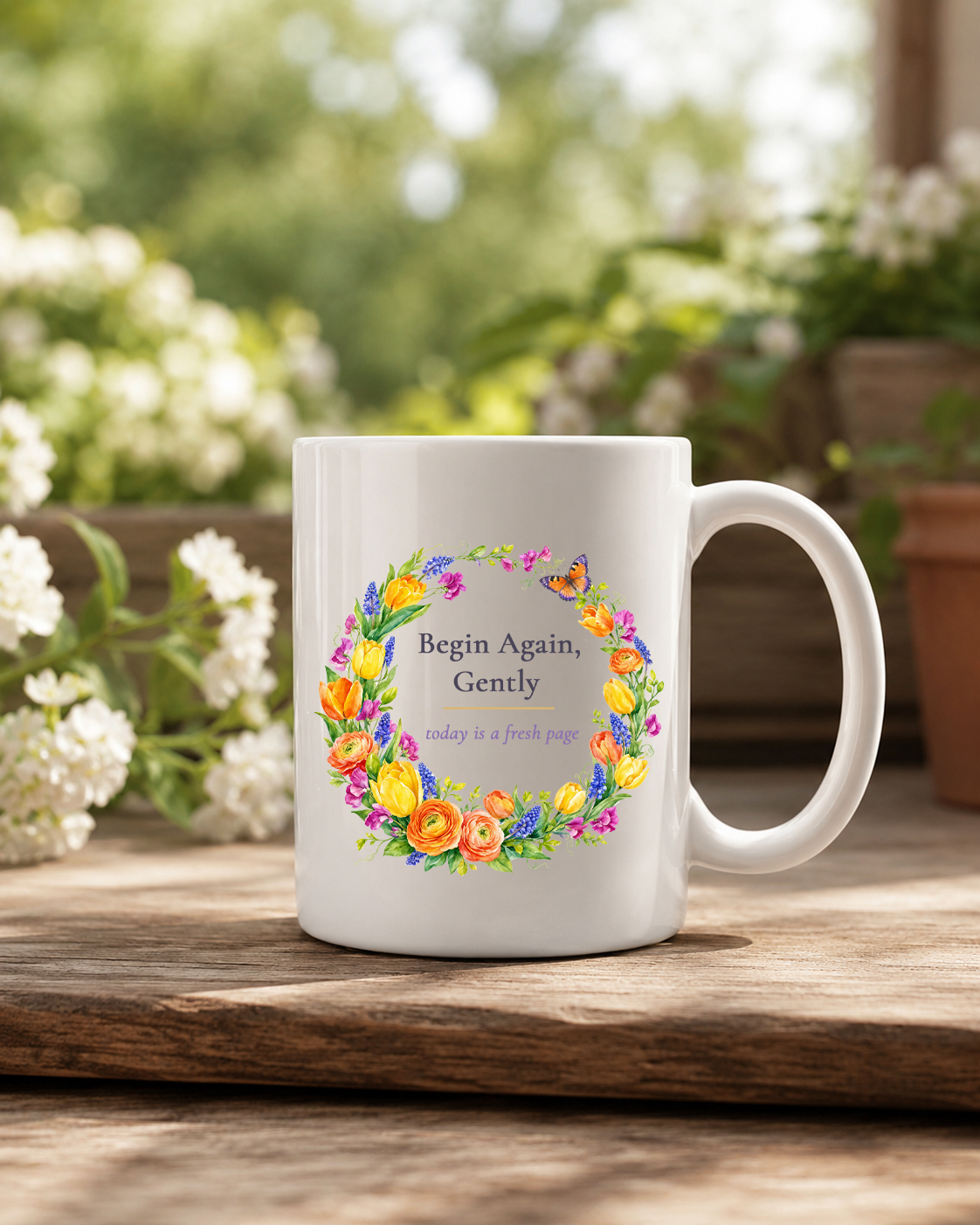 Begin Again Gently Mug, Spring Floral Wreath Encouragement Gift for Her, 11 oz 15 oz