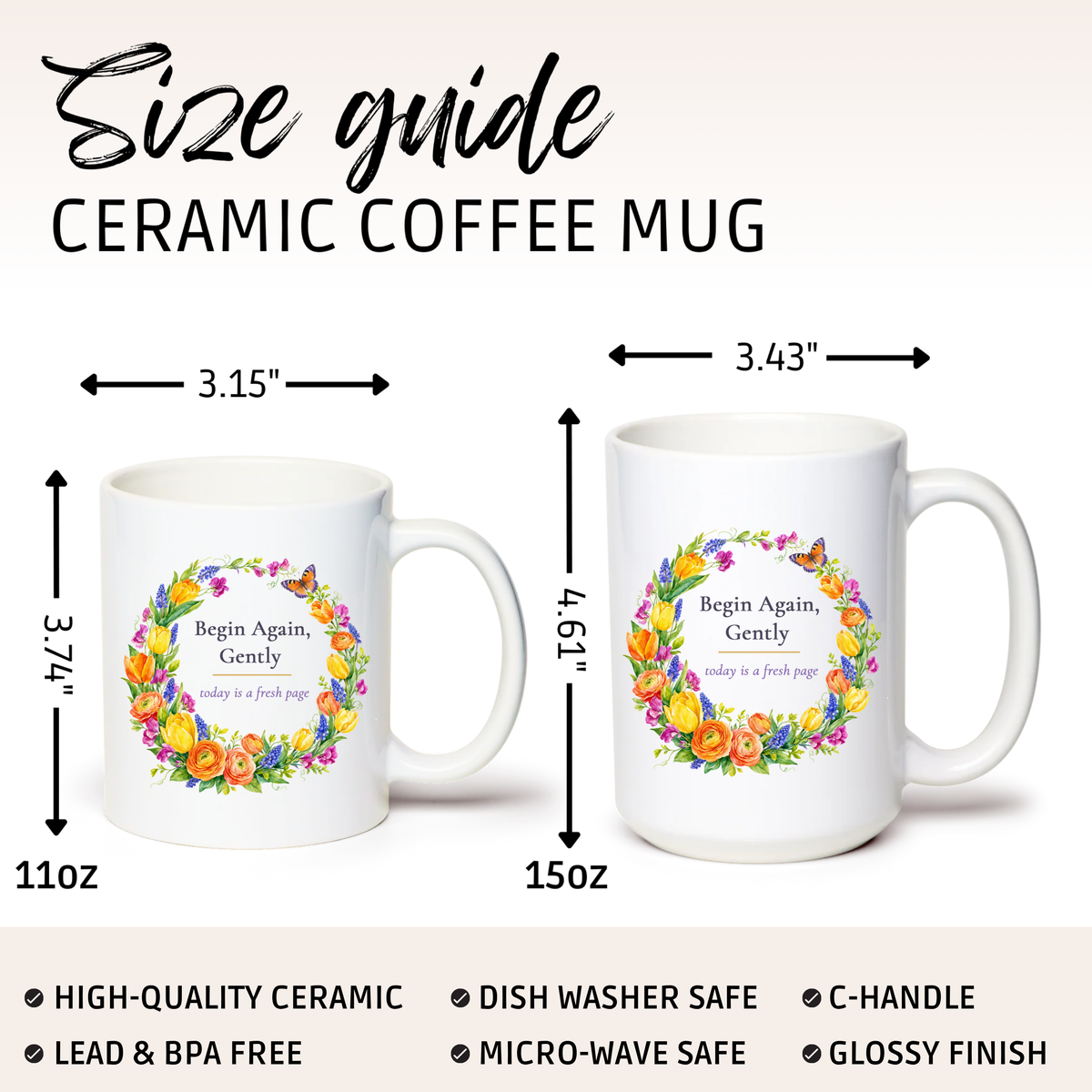 Begin Again Gently Mug, Spring Floral Wreath Encouragement Gift for Her, 11 oz 15 oz