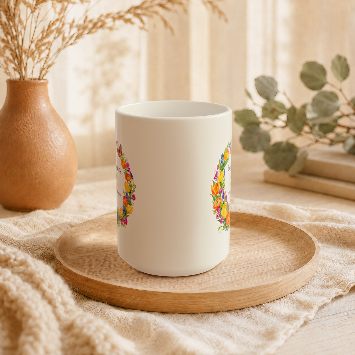 Begin Again Gently Mug, Spring Floral Wreath Encouragement Gift for Her, 11 oz 15 oz