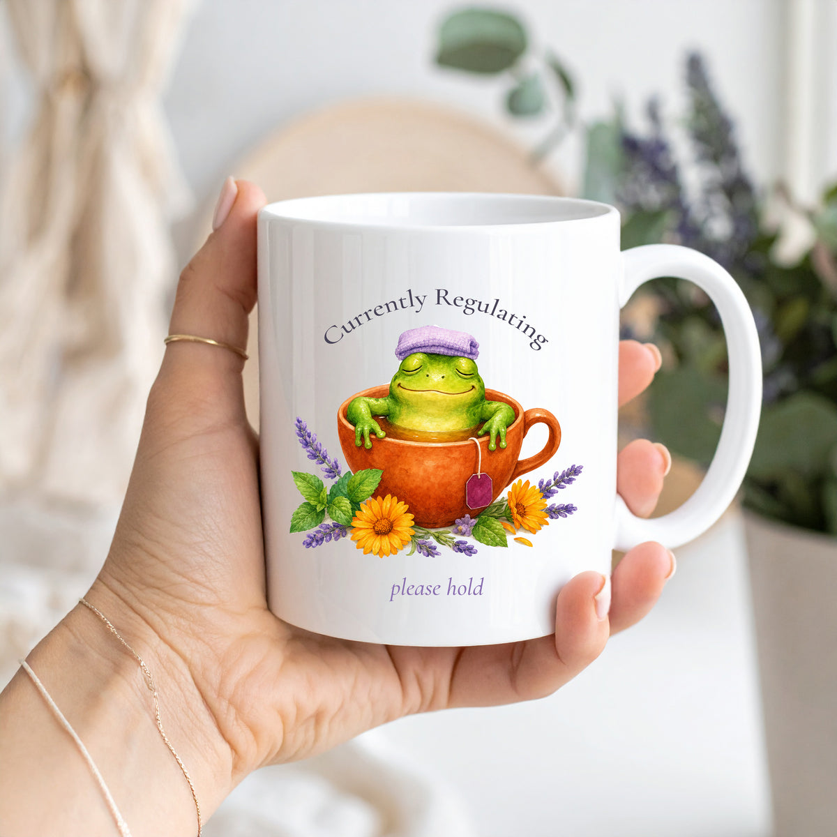 Currently Regulating Frog Mug, Funny Self Care Tea Gift for Her, 11 oz 15 oz