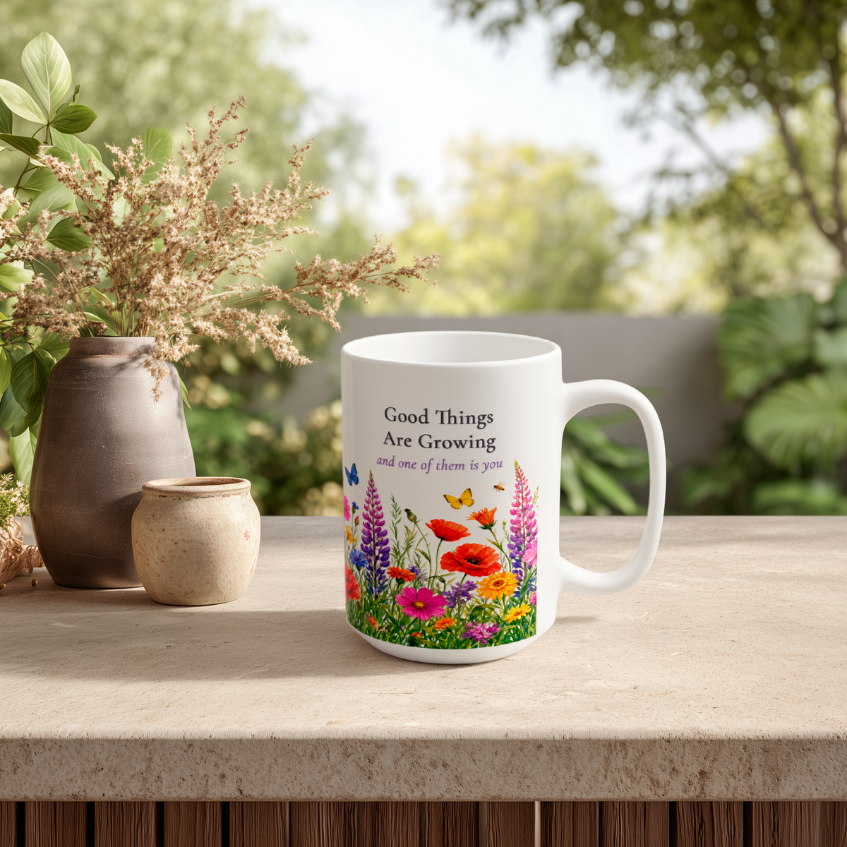 Good Things Are Growing Mug, Left Handle, Wildflower Encouragement Gift for Her, 11 oz 15 oz