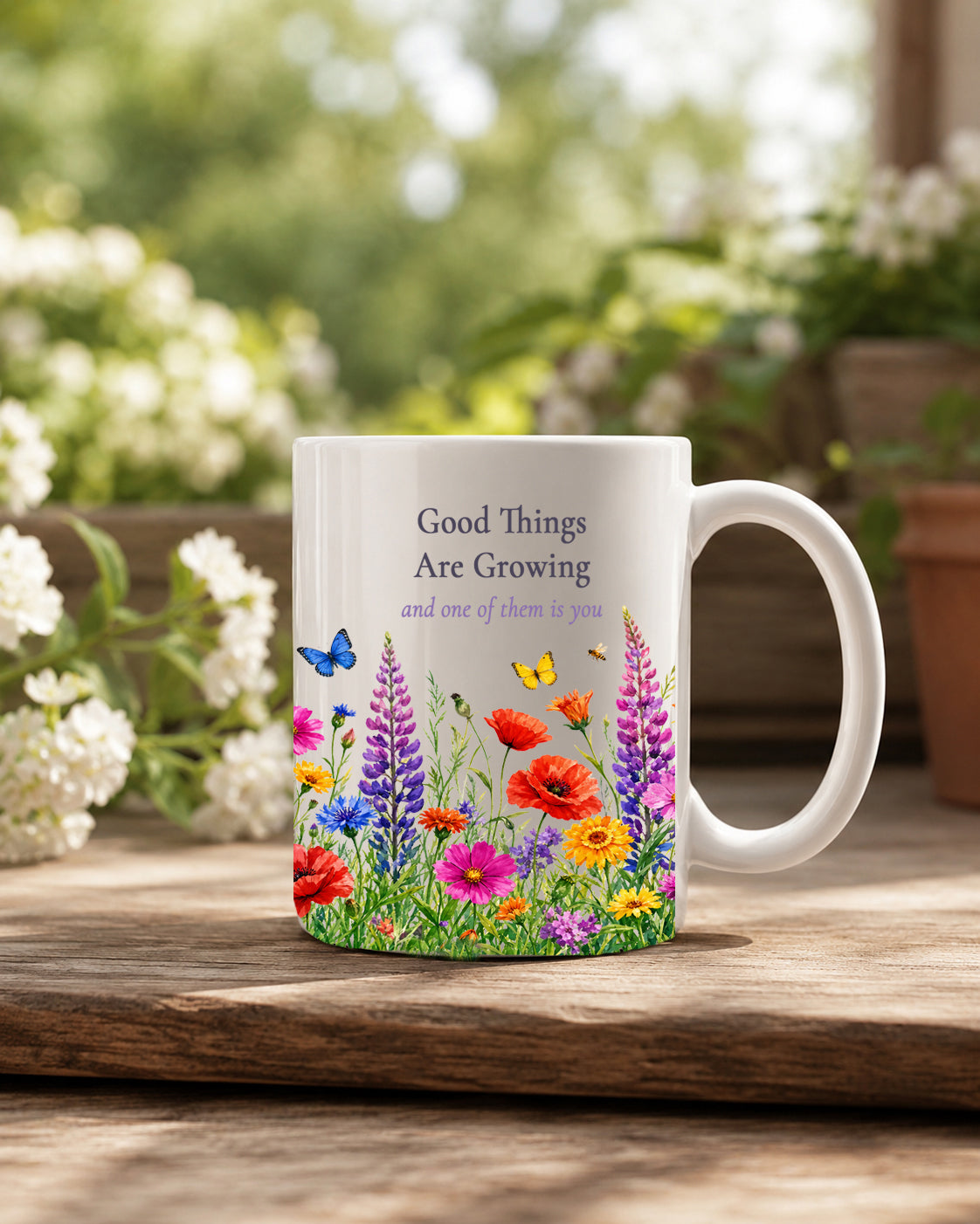 Good Things Are Growing Mug, Left Handle, Wildflower Encouragement Gift for Her, 11 oz 15 oz