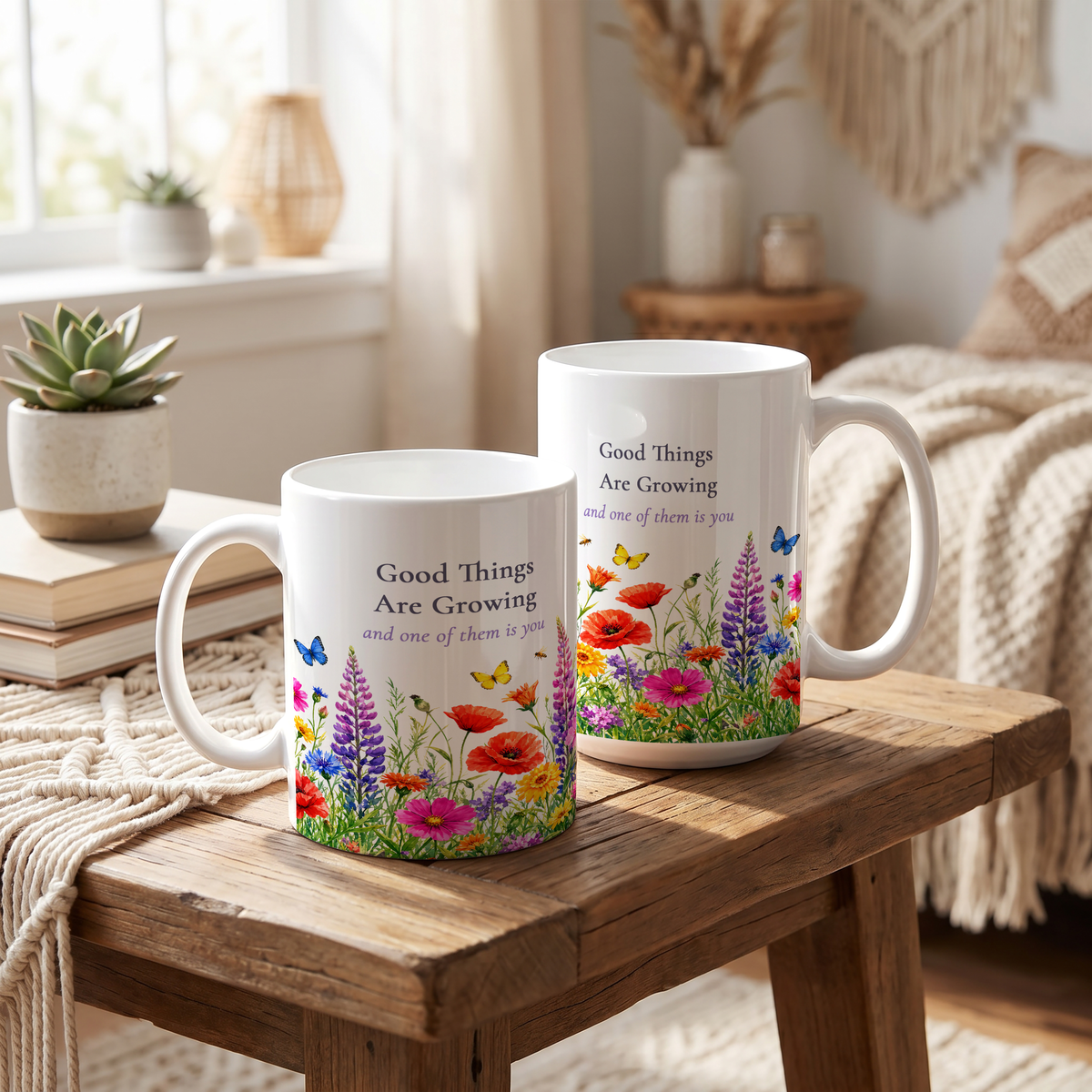 Good Things Are Growing Mug, Left Handle, Wildflower Encouragement Gift for Her, 11 oz 15 oz