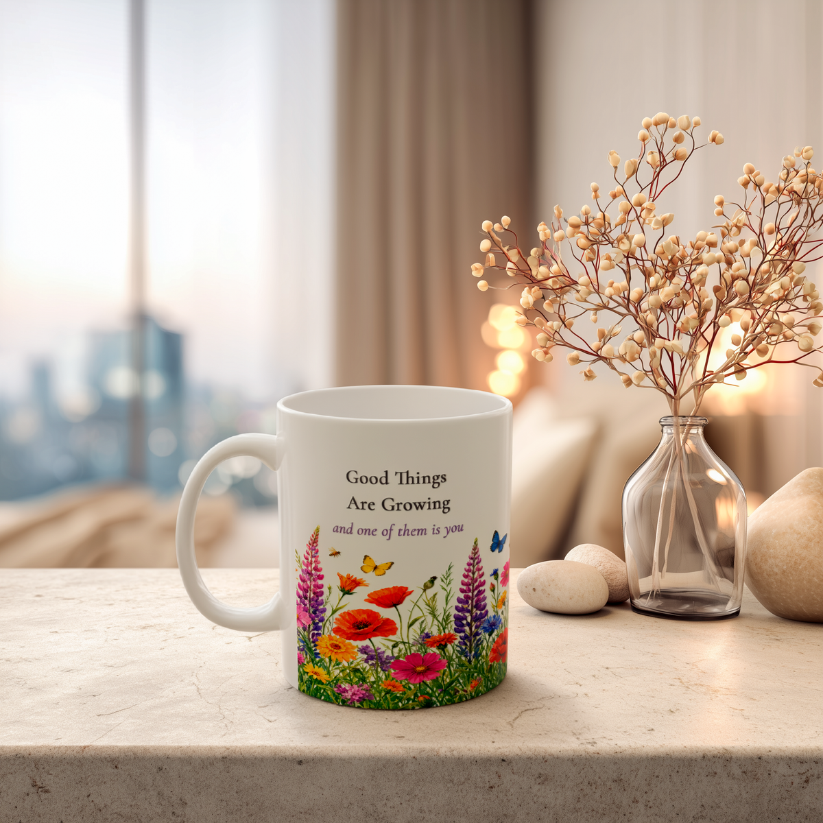 Good Things Are Growing Mug, Right Handle, Wildflower Encouragement Gift for Her, 11 oz 15 oz