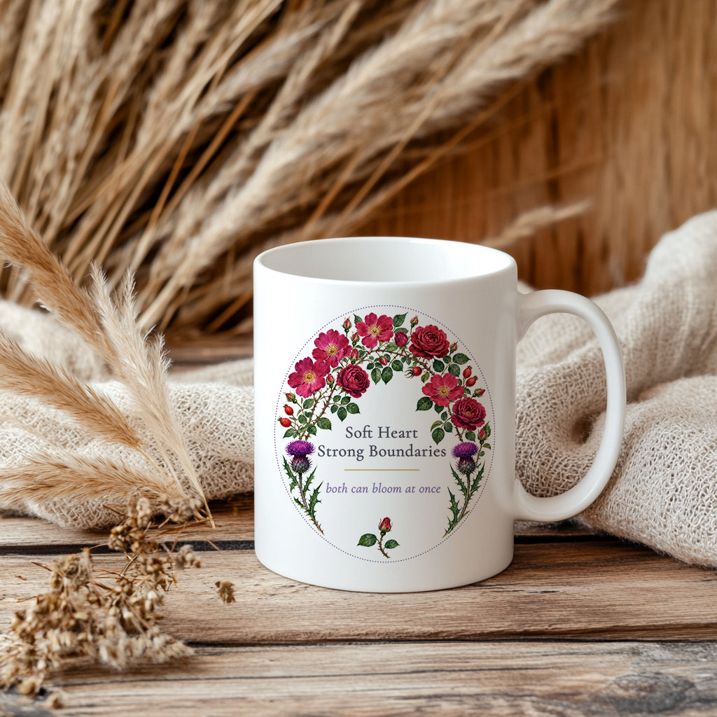 Soft Heart Strong Boundaries Mug, Rose and Thistle Self Care Gift for Her, 11 oz 15 oz
