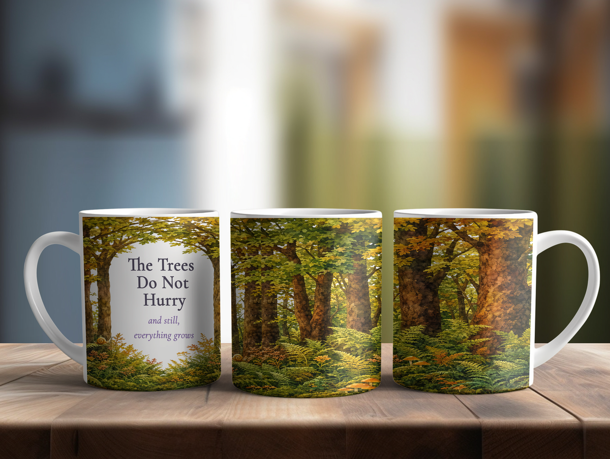 The Trees Do Not Hurry Mug, Left Handle, Forest Woodland Nature Lover Gift, 11 oz 15 oz