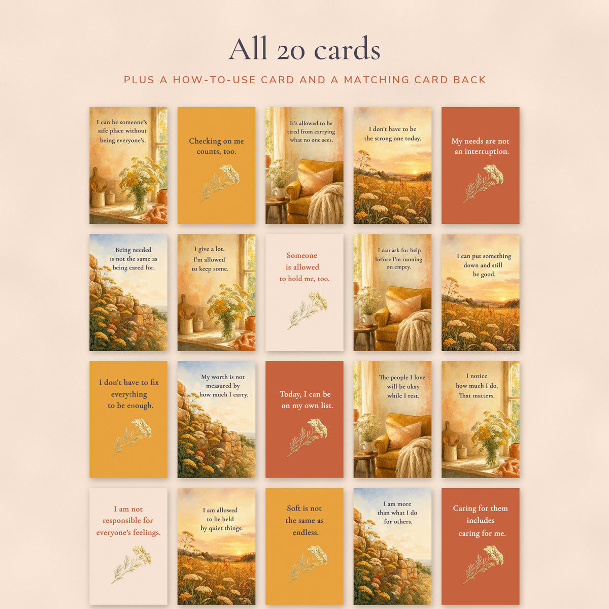 All 20 printable affirmation cards in the For the One Who Holds Everyone deck
