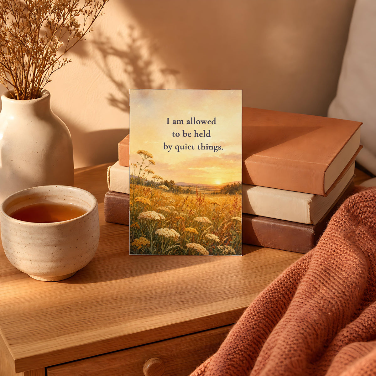 Affirmation card reading I am allowed to be held by quiet things, on a nightstand with tea