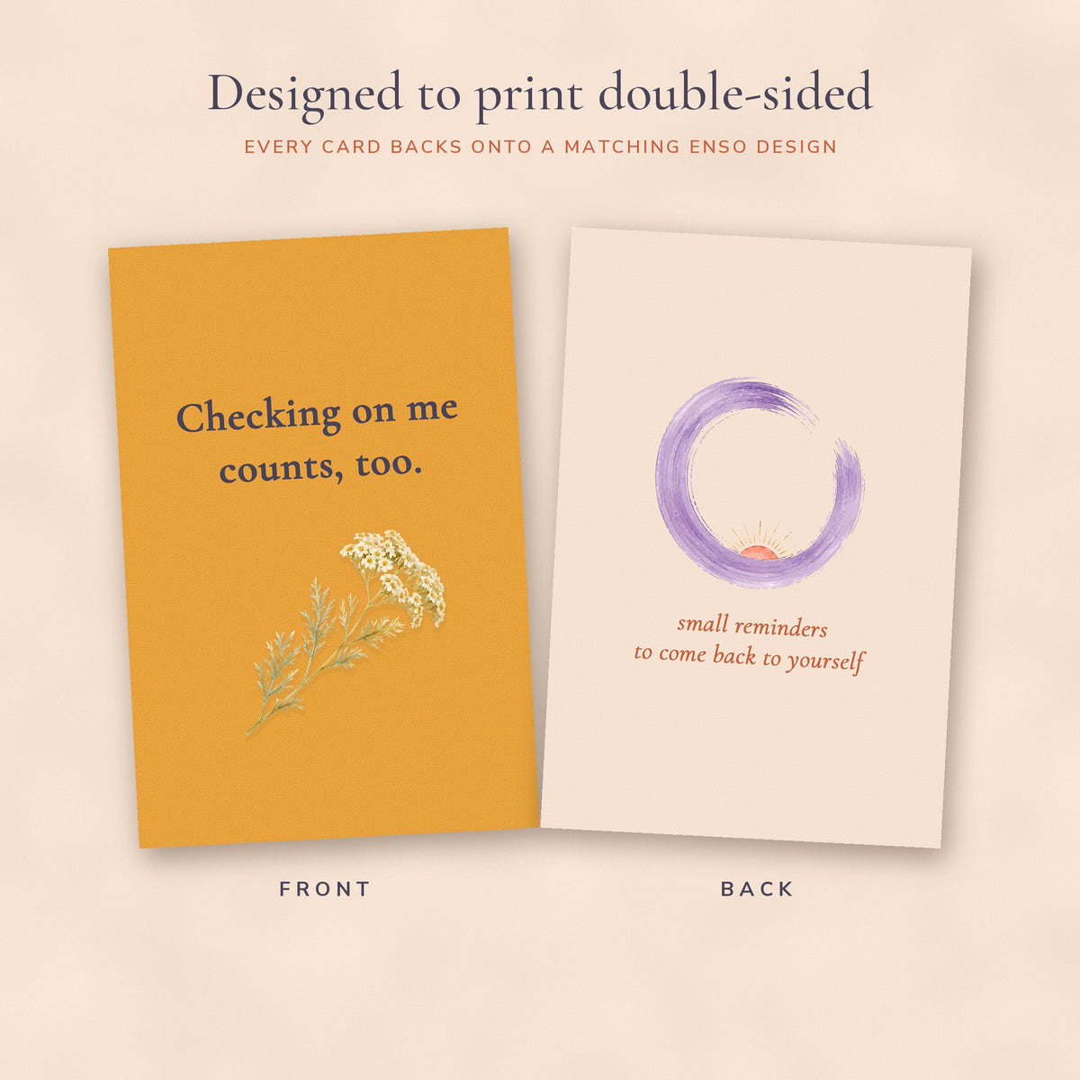 Marigold affirmation card front beside its matching enso card back