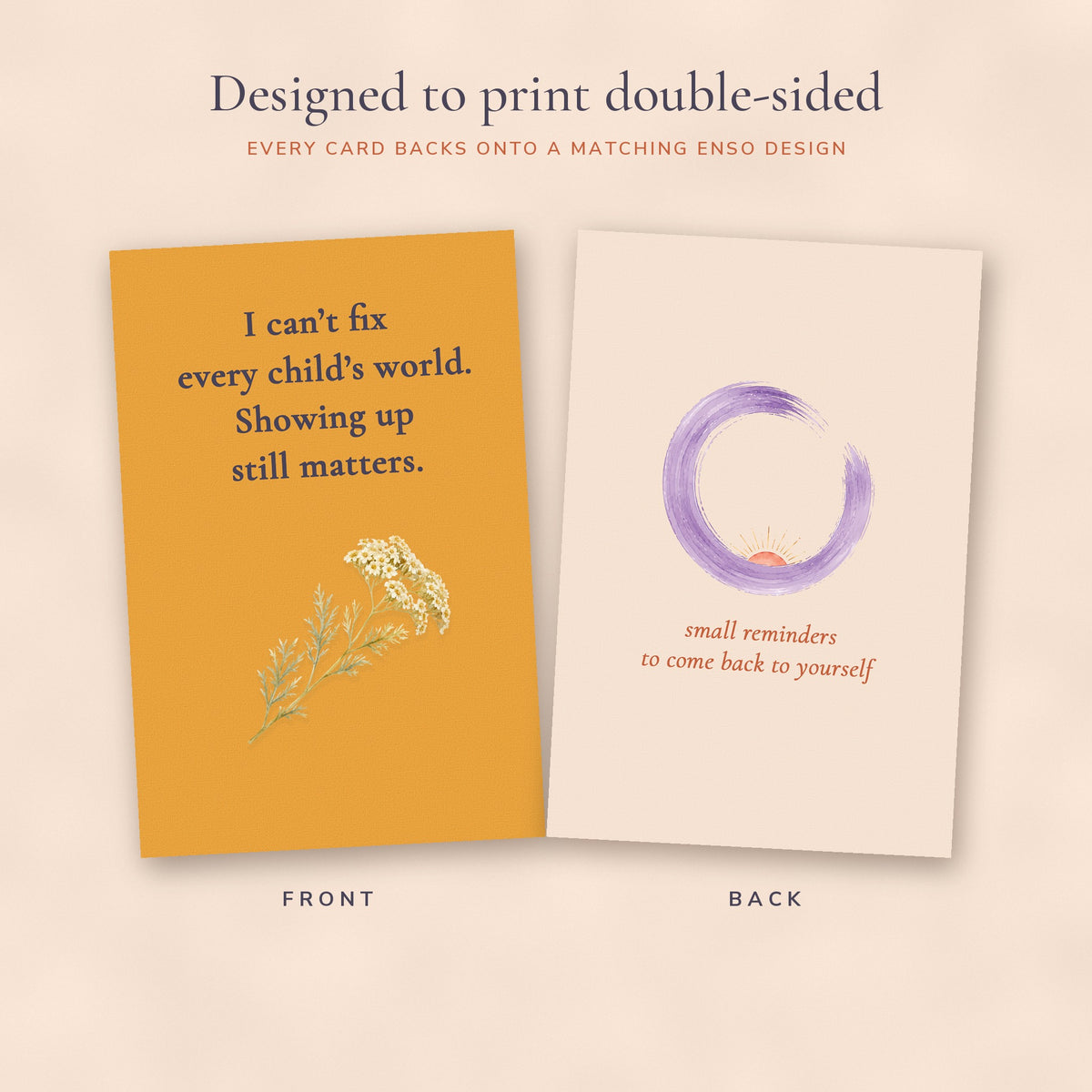Marigold teacher affirmation card front beside its matching enso card back
