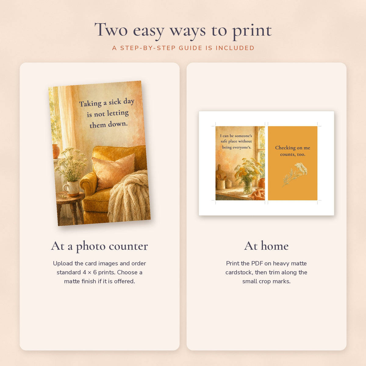 Two ways to print the teacher affirmation cards: photo counter or home printer