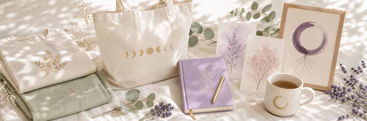 Soft blush affirmation cards fanned on linen with eucalyptus
