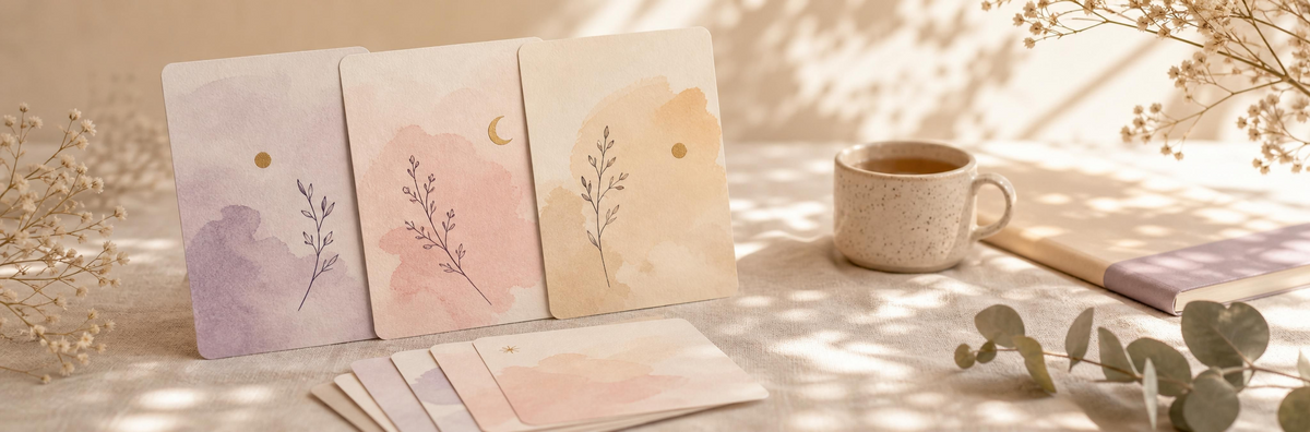 Pastel watercolor affirmation cards with botanical designs on a sunlit linen table